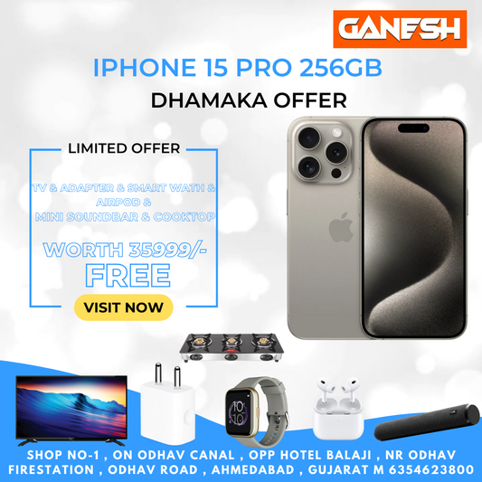 APPLE IPHONE  15 PRO 256 GB + FREE  TV 32 INCH &  SMART WATCH &  AIRPODS  &  MINISOUNDBAR & ADAPTER & COOKTOP